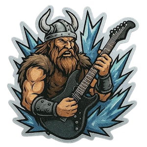 2X Viking stickers with electric guitar instead of axe. Rocking Northman as a comic figure sticker for metalheads, history nerds and myth fans.