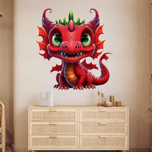Bonita pegatina de pared de dragón bebé rojo, decoración de habitación infantil de fantasía, pegatina de dragón de dibujos animados