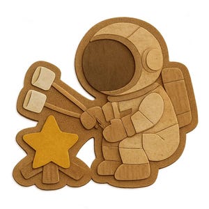 Astronauta asando malvaviscos sobre una estrella. Divertida pegatina de dibujos animados, resistente a la intemperie. Regalo para amantes del espacio, el camping y el humor.