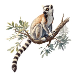 May include: Watercolor illustration of a ring-tailed lemur perched on a tree branch. The lemur has a white face with black markings around the eyes, a gray body, and a long, striped tail. Green leaves and a brown branch complete the scene.