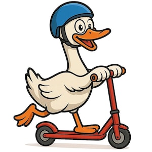 Könnte beinhalten: Cartoon-Illustration einer weißen Gans mit blauem Helm, die einen roten Roller fährt. Die Gans hat einen orangen Schnabel und Füße und lächelt. Der Roller hat schwarze Räder.