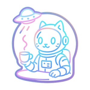 Gato astronauta en una cafetería con platillos – Divertida pegatina de dibujos animados – Resistente a la intemperie – Regalo para amantes del espacio, los gatos y el humor