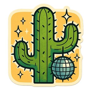 Cactus con palla da discoteca sulle spine – Adesivo divertente a forma di cartone animato – resistente alle intemperie – Regalo per gli amanti delle piante, delle feste e dell'umorismo