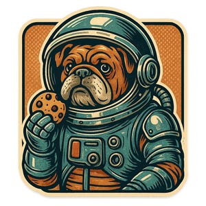 Bulldogge als Astronaut mit Keks – Lustiger Cartoon-Sticker – wetterfest – Geschenk für Space-, Hunde- & Humor-Fans