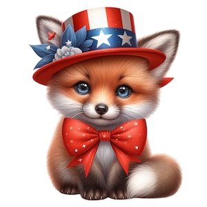 Patriotic Fox Sticker 4th of July Wall Decal Cartoon Animal 3D USA Decoration with Star Hat & Bow for Car Laptop Wall