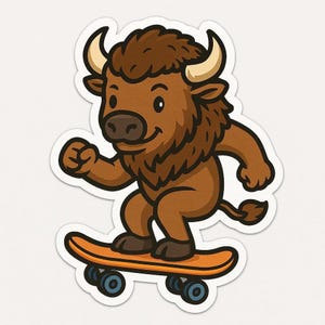 Bison on Skateboard Sticker – Funny Car Sticker – Weatherproof, Wild – Gift for Skaters, Animal Lovers and Humor Fans
