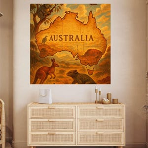 Muursticker Australië, muurschildering met kaart van Australië, muurdecoratie met Australische dieren, muursticker met koala's en kangoeroes, landschap in de outback