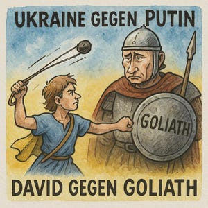 Pegatina Ucrania vs. Putin – Motivo David vs. Goliat – Cómic de acuarela, protesta y esperanza