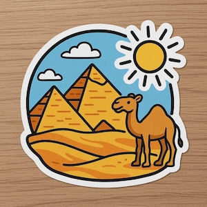 Adesivo Piramide – Design Cartone Animato Egitto – Cammello, Sabbia e Sole come Meraviglie del Mondo