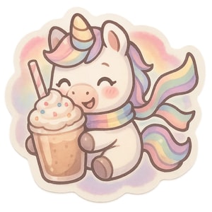 Adesivo Unicorno Milkshake | Adesivo carino con sciarpa arcobaleno e shake | Disegno unicorno kawaii | Regalo per i sognatori