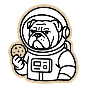 Bulldogge als Astronaut mit Keks – Lustiger Cartoon-Sticker – wetterfest – Geschenk für Space-, Hunde- & Humor-Fans