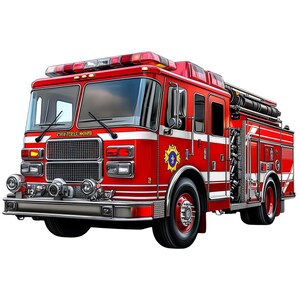 Può includere: Un'autopompa rossa con strisce bianche e dettagli cromati. Il veicolo presenta una scala, luci di emergenza e la scritta "Colorado Springs Fire Rescue". Ha pneumatici neri e una griglia anteriore dettagliata.