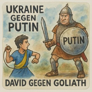 Pegatina Ucrania vs. Putin – Motivo David vs. Goliat – Cómic de acuarela, protesta y esperanza