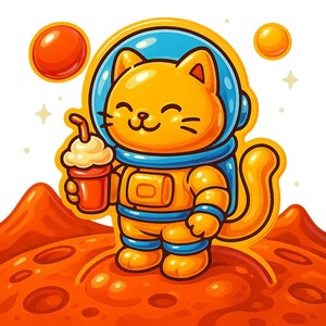 Gato astronauta en Marte con batido – Pegatina divertida de dibujos animados – Resistente a la intemperie – Regalo para amantes del espacio, los gatos y el humor