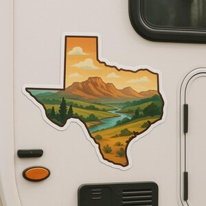 Autocollant de paysage du Texas avec contour de carte géographique autocollant pour ordinateur portable voiture camping-car cadeau pour les fans des États-Unis et les amoureux de la nature
