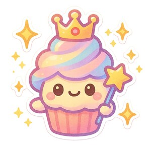 Magischer Cupcake Sticker | Süßer Aufkleber mit Krone & Zauberstab | Lustiger Kawaii Kuchen | Geschenk für Naschkatzen