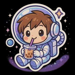 Adesivo per tè al latte astronauta | Sora Chibi in tuta spaziale con bubble tea | Adesivi spaziali kawaii | Simpatico motivo nerd