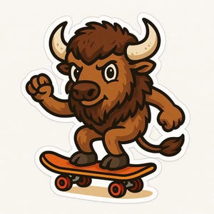 Bison on Skateboard Sticker – Funny Car Sticker – Weatherproof, Wild – Gift for Skaters, Animal Lovers and Humor Fans