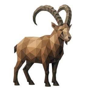 May include: A geometric illustration of a brown ibex with large, curved horns. The artwork features a low-poly style, with the animal's form constructed from numerous triangular shapes. The ibex stands on four legs against a white background.