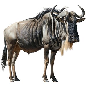May include: A detailed illustration of a wildebeest, a large African antelope. The animal has a gray and brown coat with dark stripes on its sides, curved horns, and a long, light-colored beard. The wildebeest stands on four legs against a white background.