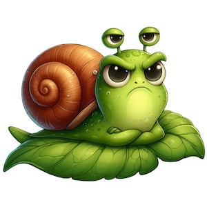 May include: A cartoon illustration of an angry green snail with a brown shell. The snail is resting on a large green leaf, with its arms crossed. The snail has large, expressive eyes and a grumpy expression.