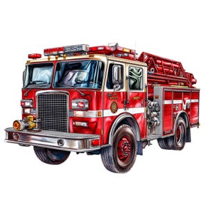 Può includere: Illustrazione dettagliata di un'autopompa rossa con una striscia bianca e tetto color crema. Il camion presenta una scala, luci di emergenza e la scritta "Fire Department" sul lato. I pneumatici sono neri e le ruote rosse.