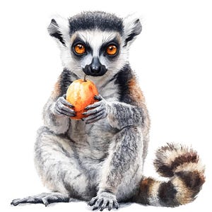 May include: Watercolor illustration of a ring-tailed lemur holding a ripe orange apple. The lemur has gray and white fur with a black nose and large orange eyes. The lemur is sitting with its tail curled and striped.