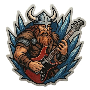 2X Viking stickers with electric guitar instead of axe. Rocking Northman as a comic figure sticker for metalheads, history nerds and myth fans.
