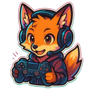 Adesivo Volpe da Gioco | Adesivo in stile Sora con controller e cuffie | Regalo per nerd degli anime | Volpe da gioco in colori neon