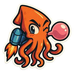 Adesivo jetpack calamaro | Calamaro kawaii con jetpack e gomma da masticare in stile Sora | Adesivo divertente a forma di polpo
