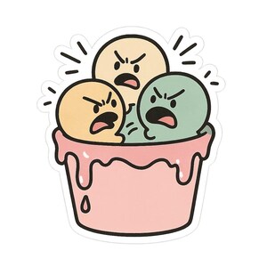 Diskussions-Eisbecher Sticker | Drei Kugeln mit Gesichtern streiten im Becher | Lustiger Comic Snack | Eiscreme Aufkleber