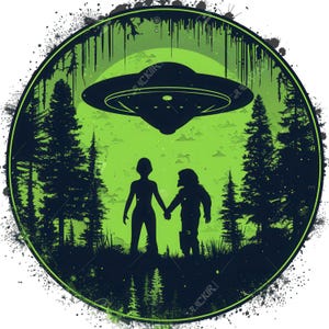 Könnte beinhalten: Rundes Grafikdesign mit einer grünen und schwarzen Waldszene, einem UFO über zwei Silhouetten, die sich an den Händen halten. Das Design hat eine Retro-Ästhetik mit einem Grunge-Rand und einem hellgrünen Hintergrund.