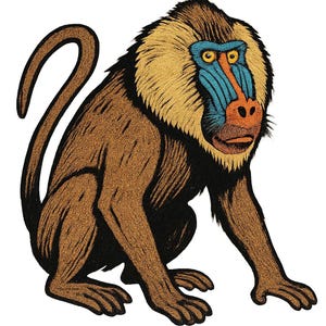 May include: Illustration of a mandrill primate in a seated position. The primate has brown fur, a yellow and black mane, and a blue and red face. The image is a detailed, colorful drawing.
