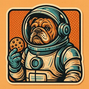 Bulldogge als Astronaut mit Keks – Lustiger Cartoon-Sticker – wetterfest – Geschenk für Space-, Hunde- & Humor-Fans