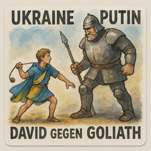 Pegatina Ucrania vs. Putin – Motivo David vs. Goliat – Cómic de acuarela, protesta y esperanza
