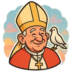 Lustiger Cartoon Papst Leo XIV Sticker | Fröhlicher Heiliger mit Taube & Riesenhut | Niedliches Kirchenmotiv als Spaß-Aufkleber
