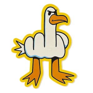 Pegatina de gaviota enojada con divertido motivo de meme con borde amarillo para coche, portátil, caravana o regalo para fans de las gaviotas y nerds del humor.