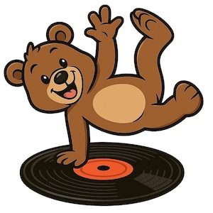 Puede incluir: Ilustración de dibujos animados de un oso de peluche marrón equilibrándose sobre un disco de vinilo negro con un centro naranja. El oso está sonriendo y tiene un brazo levantado. La imagen tiene un fondo blanco.