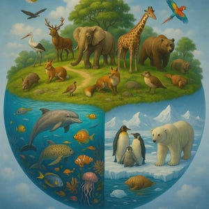 Tierwelt Sticker – Erde mit Tieren aus Wald, Savanne, Meer & Arktis für Kinderzimmer, Schule, Laptop, Natur Deko