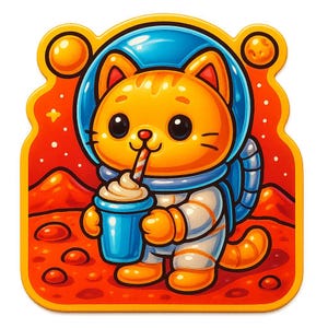Gato astronauta en Marte con batido – Pegatina divertida de dibujos animados – Resistente a la intemperie – Regalo para amantes del espacio, los gatos y el humor