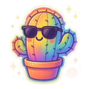 Kawaii Kaktus Sticker | Regenbogen Kaktus mit Sonnenbrille im Sora Style | Lustiger Anime Pflanzen Aufkleber