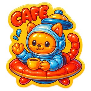 Gato astronauta en una cafetería con platillos – Divertida pegatina de dibujos animados – Resistente a la intemperie – Regalo para amantes del espacio, los gatos y el humor