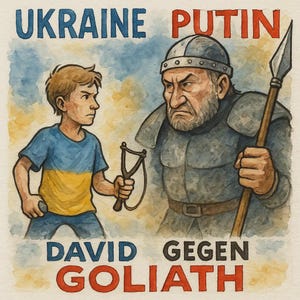 Pegatina Ucrania vs. Putin – Motivo David vs. Goliat – Cómic de acuarela, protesta y esperanza