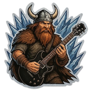 3X Viking stickers with electric guitar instead of axe. Rocking Northman as a comic figure sticker for metalheads, history nerds and myth fans.
