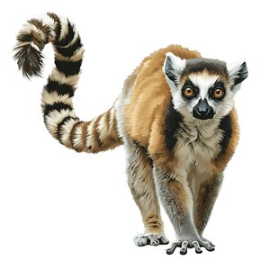 May include: A detailed illustration of a ring-tailed lemur. The lemur has a tan and brown body with a distinctive black and white striped tail. Its eyes are orange, and it is walking forward.