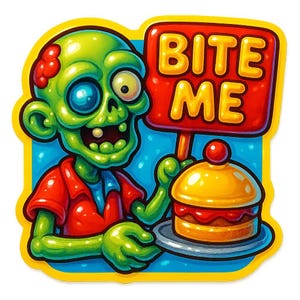 ゾンビ3体とケーキプレートと「Bite Me」サイン – 面白い漫画ステッカー – 耐候性 – ホラーやフードユーモアファンへのギフト