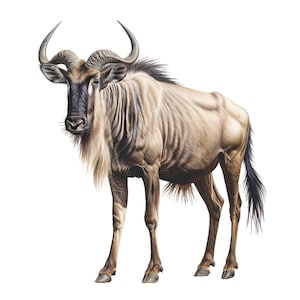 May include: A detailed illustration of a wildebeest, a large African antelope. The animal is depicted with a light brown coat, a dark mane, and curved horns. The wildebeest stands on four legs against a white background, showcasing its distinctive features.