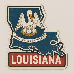 Autocollant de l'État de la Louisiane avec contour de la carte et symboles. Autocollant pour voiture, ordinateur portable, camping-car, cadeau pour les fans des États-Unis et les amoureux de la ville natale.