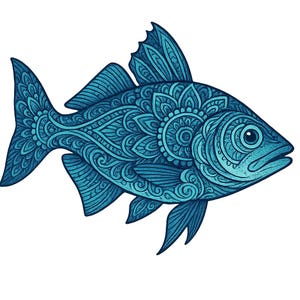 Puede incluir: Ilustración detallada de un pez en tonos azules. El pez presenta intrincados patrones y diseños en su cuerpo, aletas y cola. La obra de arte tiene un estilo decorativo y ornamental, con un enfoque en el trabajo de líneas y la textura, sobre un fondo blanco.
