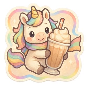 Adesivo Unicorno Milkshake | Adesivo carino con sciarpa arcobaleno e shake | Disegno unicorno kawaii | Regalo per i sognatori